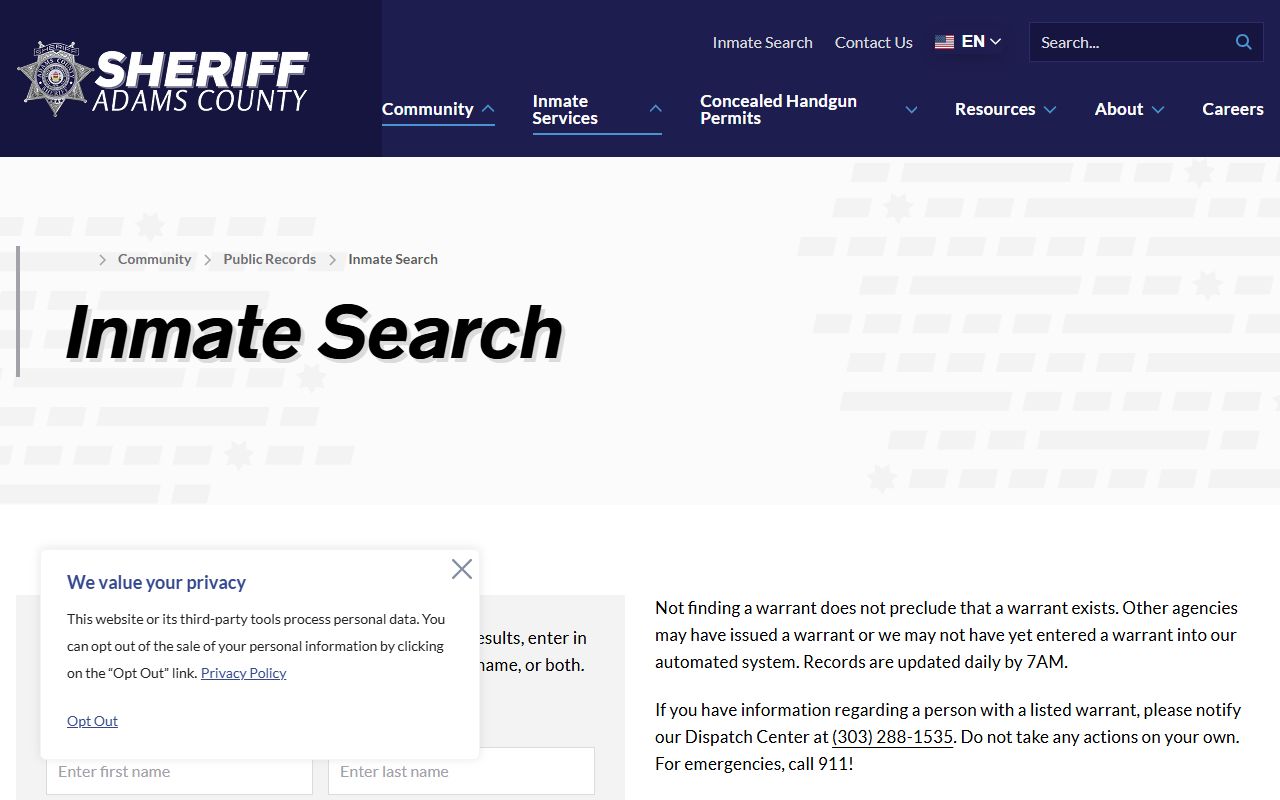 Adams County Sheriff inmate search page for released inmate records