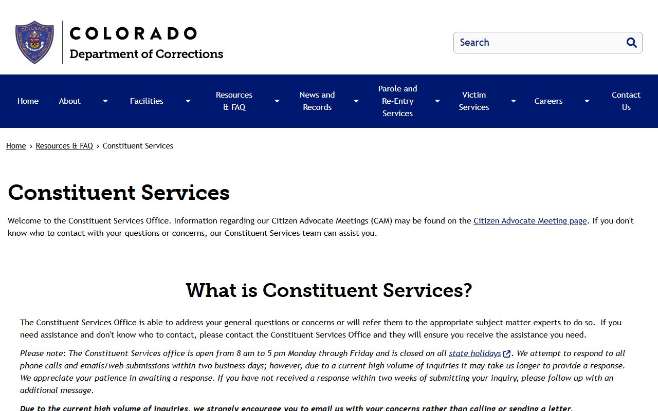 CDOC Constituent Services office contact page for inmate inquiries