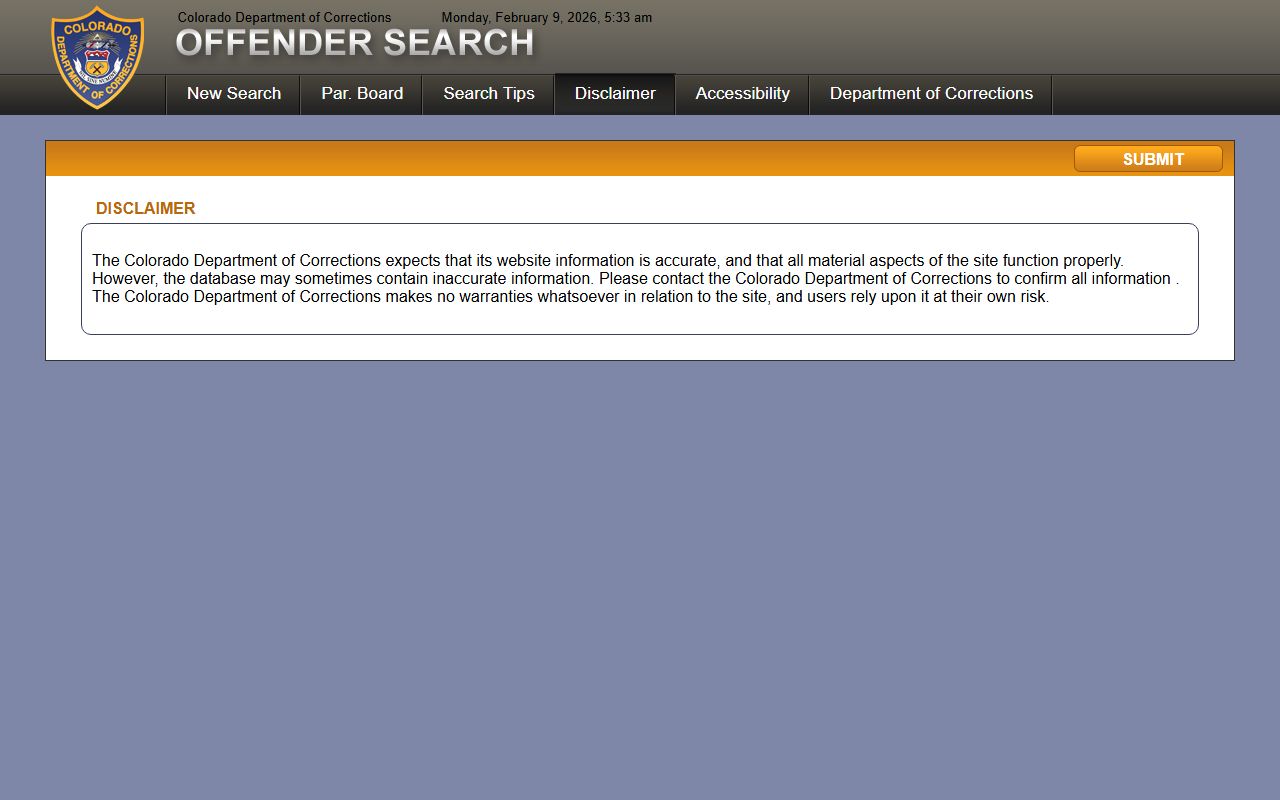 CDOC disclaimer page about inmate database accuracy