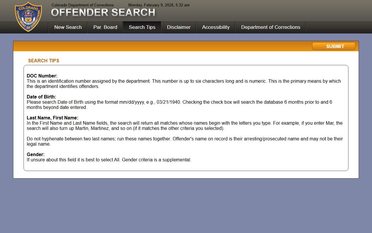 CDOC search tips page for finding Colorado released inmate records